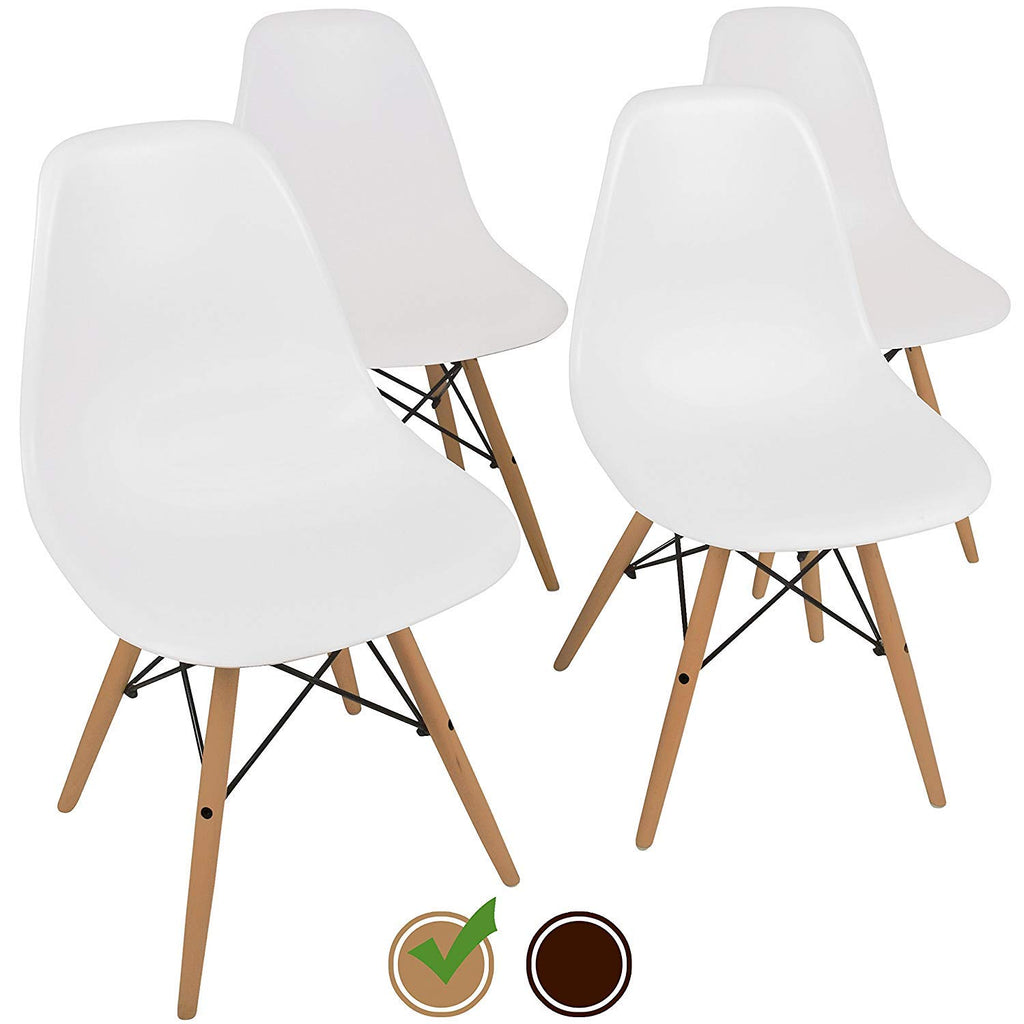 UrbanMod Mid-Century Modern Style Dining Chairs - Set of 4 - Comfortable & Easy to Clean, Minimalist - White Seat With Wood Legs (Natural) UPC: 196852475193