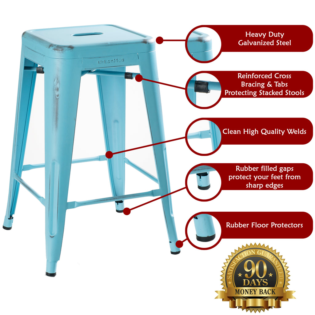 24" Steel Counter Height Stool | Blue Distressed | Set of Four (643710993547)