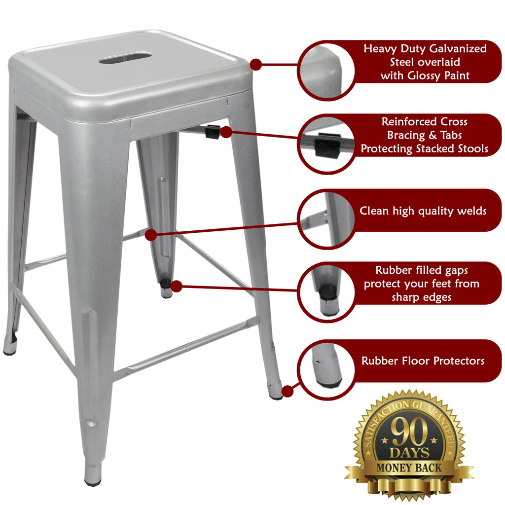 24" Steel Counter Height Stool | Silver | Set of Four (643710993486)